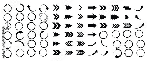 Collection of various arrow icons, featuring different styles and directions, such as straight, curved, circular, and chevron.