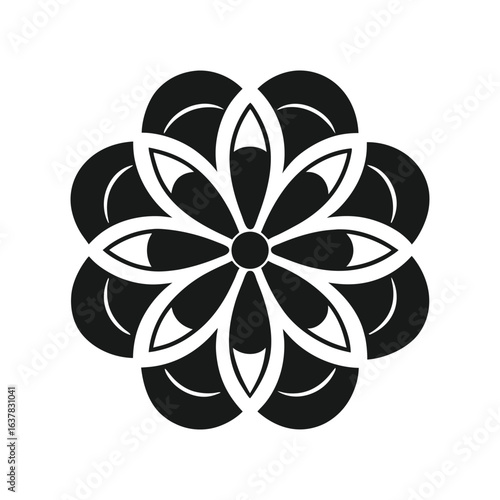 Intricate Black Eight Petal Flower Geometric Design on White Background abstract bloom