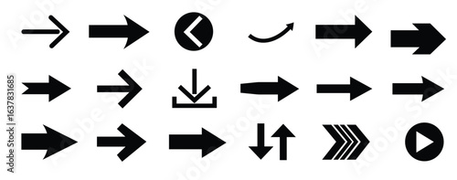 Various arrow symbols displayed on a white background. The collection includes straight, curved, and circular arrows pointing in multiple directions