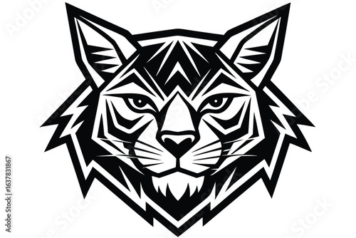 Striking bobcat head rendered sharply with black and white geometric tribal style illustration