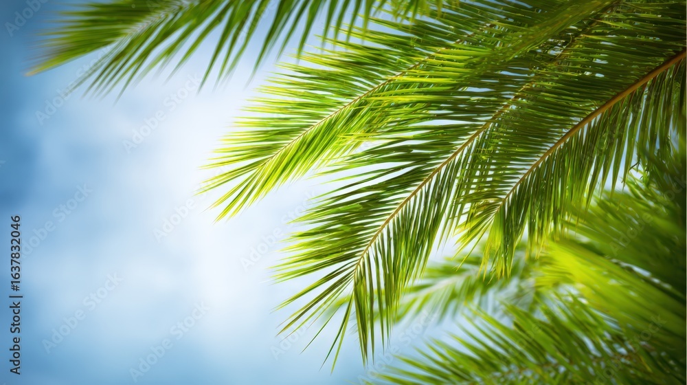 Fototapeta premium Lush Green Palm Leaves Against a Bright Blue Sky: A Tropical Paradise Vibe