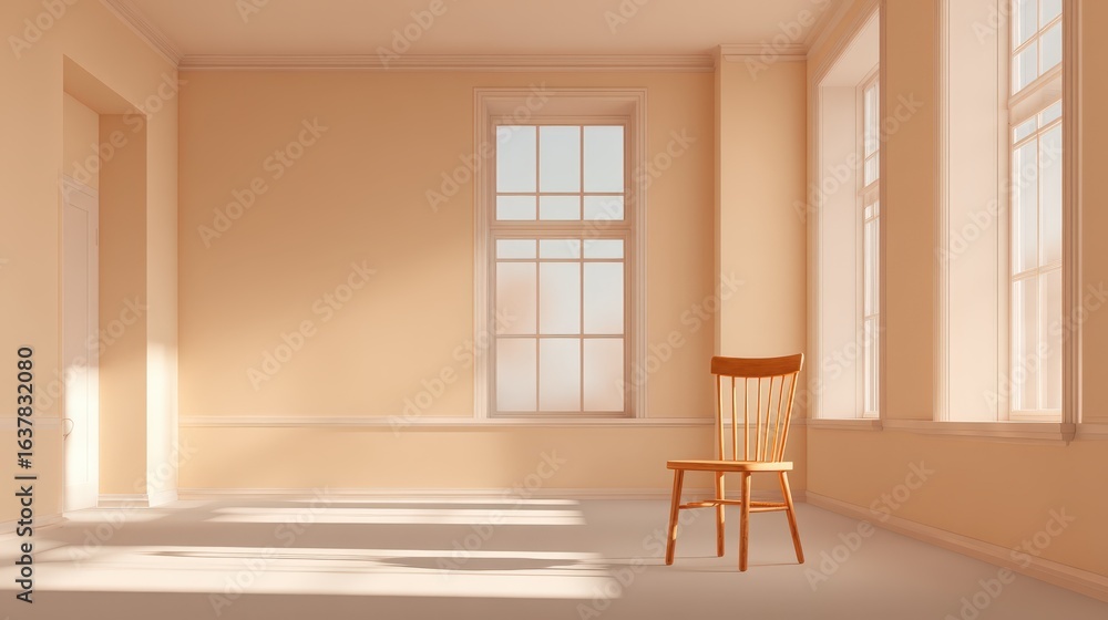 Fototapeta premium Minimalist Interior with Wooden Chair and Natural Light Streaming Through Windows in a Bright Room