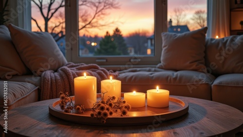 Cozy living room with candles at sunset