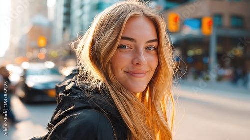 Cheerful Young Woman Smiling on a Busy City Street During Golden Hour