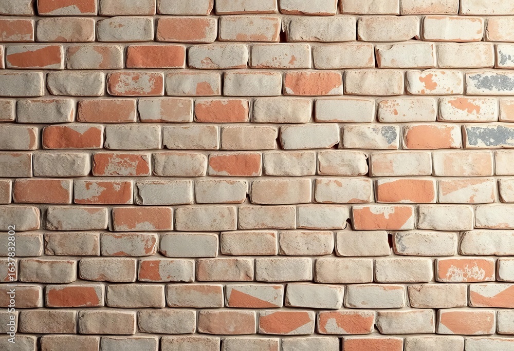 Naklejka premium A weathered brick wall, seamlessly textured, with aged paper stains and smudges, worn, vintage