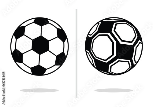 Vector illustration of two soccer balls, one classic and one modern design, isolated on white background