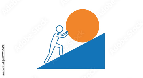 Vector illustration of a stylized figure pushing a large orange ball up a blue incline, symbolizing effort and perseverance towards a goal