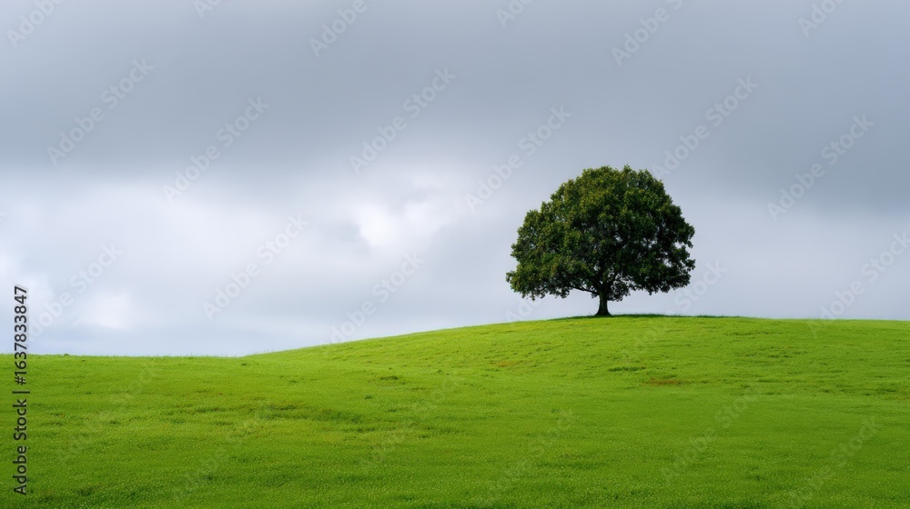 Fototapeta premium Lone Tree Stands Tall on Green Hillside Under Cloudy Sky, Representing Nature's Resilience