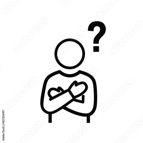 Vector illustration of person with arms crossed and a question mark above their head, isolated on white background