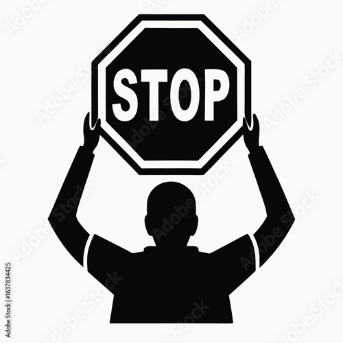 A red octagonal stop sign with a white hand symbol is a common road traffic warning and safety icon