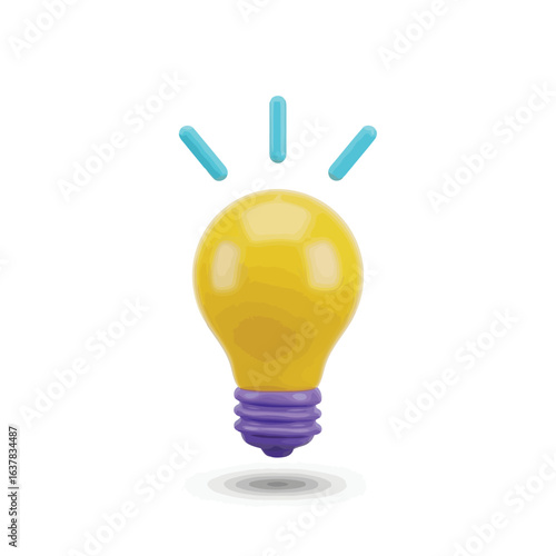 Vector illustration of yellow lightbulb with purple base and blue rays, representing an idea, isolated on white background