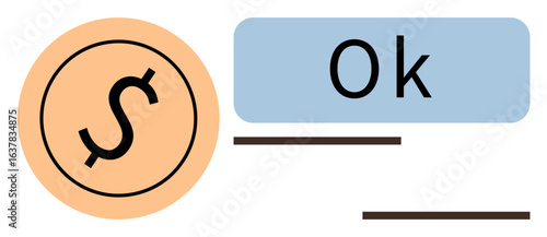 Dollar sign inside peach circle, Ok text in blue, with horizontal lines. Ideal for finance, payment confirmation, transaction success, budgeting, simplicity minimalism communication. Clean flat