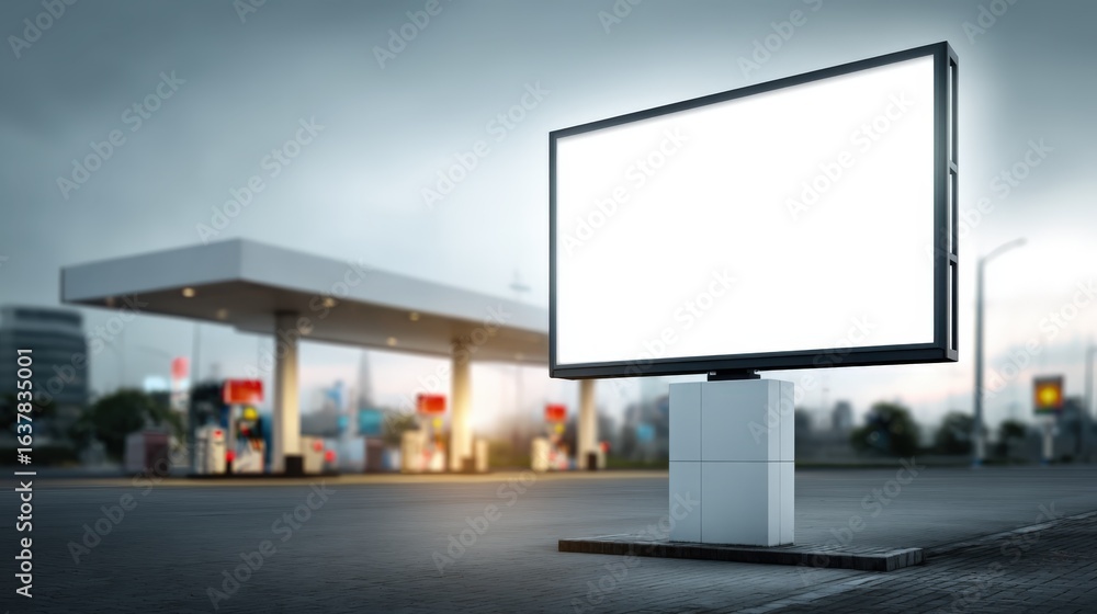 Fototapeta premium Billboard Mockup at Gas Station: Outdoor Advertising Display for Brand Promotion and Marketing Campaigns