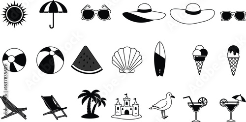 Beach and summer icon set, sun, umbrella, sunglasses, ice cream, palm tree, sandcastle, cocktail, surfboard, vacation symbols, silhouette illustration