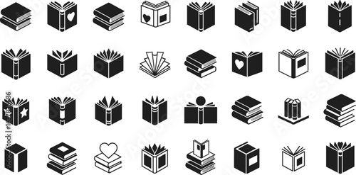 Book icon set, open books, closed books, heart symbol, star cover, bookmarks, stacked books, black and white, education, library