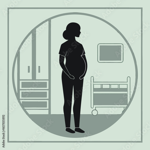 Silhouette of a pregnant woman standing in a serene hospital room, anticipating motherhood; minimalist design, peaceful mood, expectant mother concept.