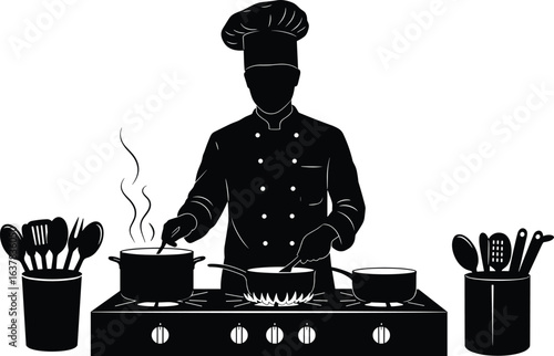 Chef silhouette cooking, professional kitchen scene, steaming pot, culinary tools, stove burners, utensils, food preparation, restaurant chef, kitchen art