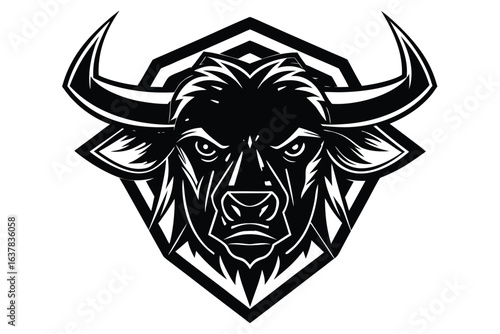 In monochrome, a bull head with horns is enclosed in a geometric shape