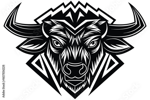 The powerful bison head artfully illustrates strength and resilience through its distinctive tribal design