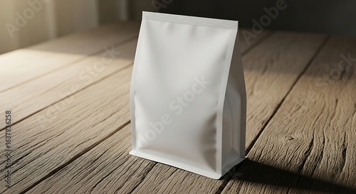 Elegant white coffee bag mockup ready for your brand on rustic wood table in warm sunlight
