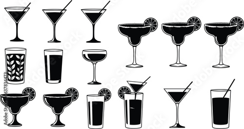 Cocktail glass silhouette set, martini, margarita, highball, coupe, straws, lemon garnish, lime slice, barware icons, mixology illustration