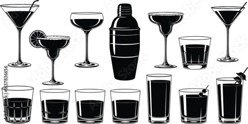 Cocktail glass silhouette set, martini, margarita, wine, tumblers, shaker, lime garnish, cherries, barware icons, mixology tools, black illustration