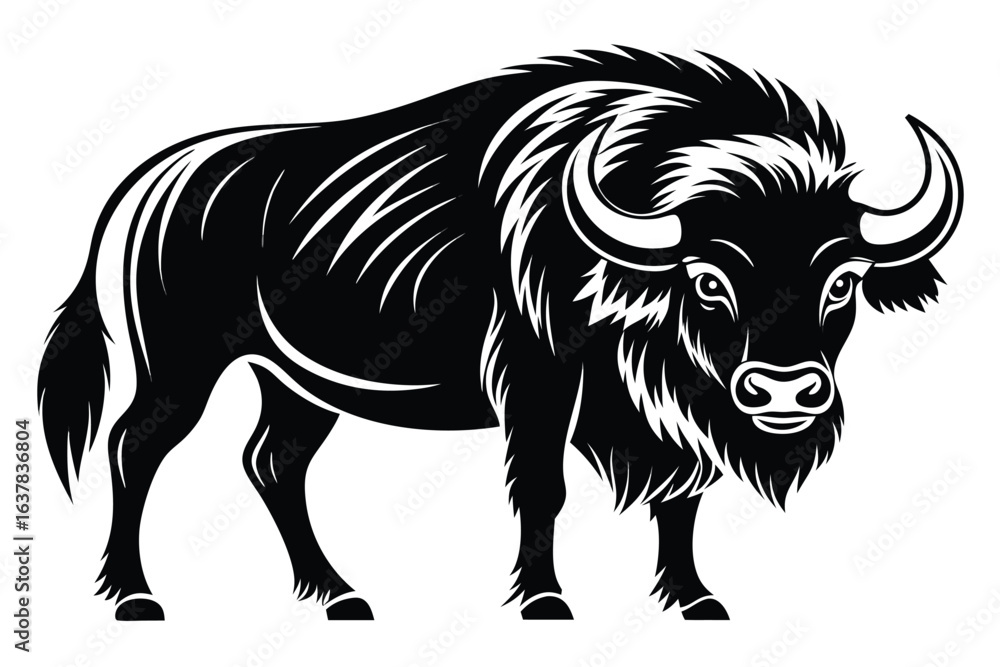 Fototapeta premium Majestic bison displays its powerful physique and curved horns in monochrome simplicity