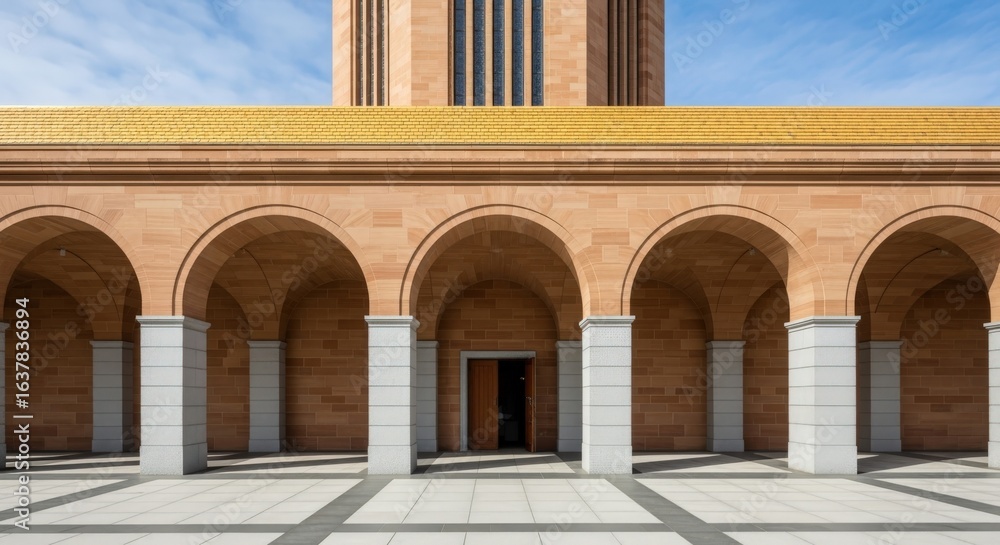 Fototapeta premium Elegant Architecture Featuring Arches and Columns in a Grand Building Exterior with Stone and Clear Sky