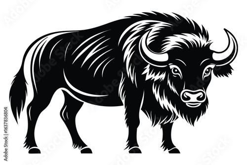 Majestic bison displays its powerful physique and curved horns in monochrome simplicity