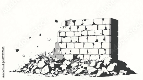 Crumbling Brick Wall. Illustration of Crumbling Brick Wall Showing Decay and Structural Collapse. 