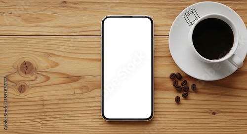 Coffee break mockup featuring modern smartphone with blank screen on rustic wood table ready for your ads
