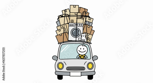 Smiling stick figure driving an overloaded car with boxes, a washing machine, and a cat on the roof.