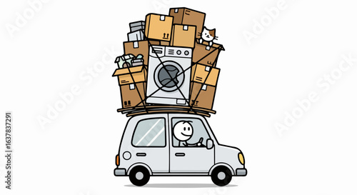 Stick figure driving a small car overloaded with moving boxes, a washing machine, and a cat.