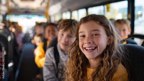 Happy children smiling while riding on a school bus 