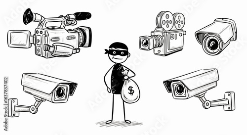 A hand-drawn sketch collection of a cartoon thief surrounded by various security and video cameras.