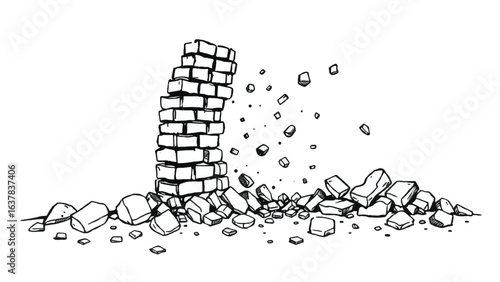 Crumbling Brick Wall. Illustration of Crumbling Brick Wall Showing Decay and Structural Collapse. 