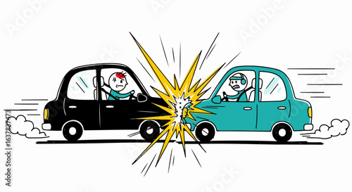 Angry and shocked stick figure drivers in a dramatic head-on car crash cartoon.