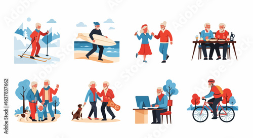 Collection of active senior characters enjoying various lifestyle hobbies. Flat vector illustration set of elderly people skiing, surfing, dancing, and cycling.