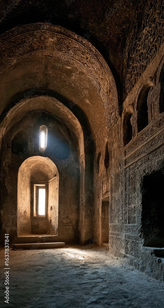 Fototapeta premium Ancient stone hall, sunlit archway