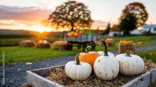 Autumn sunset pumpkin patch landscape with hay bales