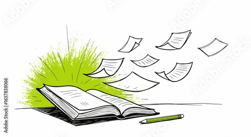 A hand-drawn open book with flying paper sheets, a green pencil, and a vibrant splash of color.