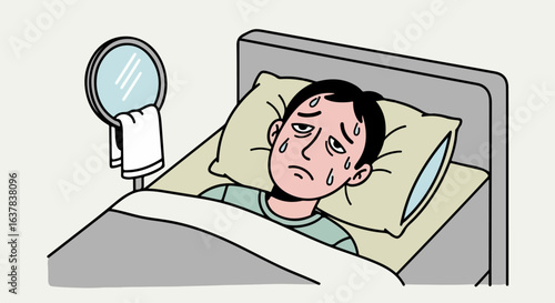 An illustrated man with a fever, sweating and looking unwell while resting in bed.