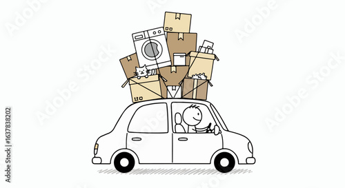 Cartoon stick figure happily driving a car overloaded with moving boxes, a washing machine, and cats.