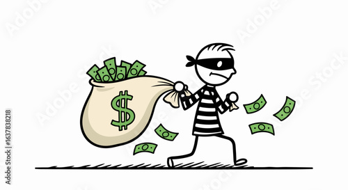 Cartoon stick figure thief in striped shirt and mask running with a heavy money bag.