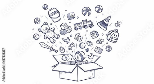 Hand-drawn sketch of various children's toys exploding from an open cardboard box, including a teddy bear and train.