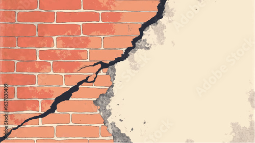 Cracked Red Brick Wall. Illustration of Cracked Red Brick Wall and Exposed Layers on Beige Background. 