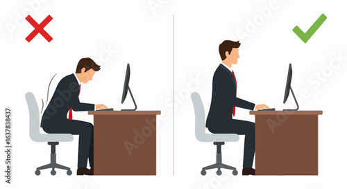 Comparison of correct and incorrect sitting posture for a man working at a computer desk.