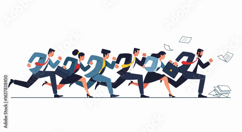 Diverse group of determined business people in suits running energetically in a line.