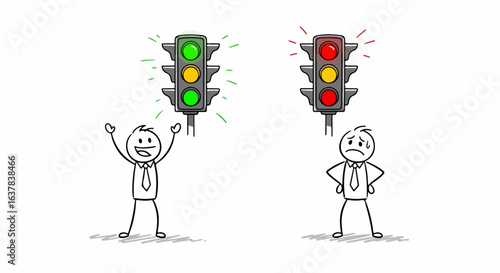 Doodle of happy and sad businessmen reacting to green and red traffic light signals.
