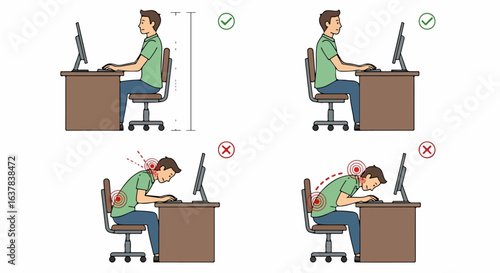 Infographic comparing correct ergonomic posture with incorrect positions causing back and neck pain from computer use.